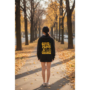 Give Peace A Chance Black Hoodie Yellow Graphic Cozy Pullover